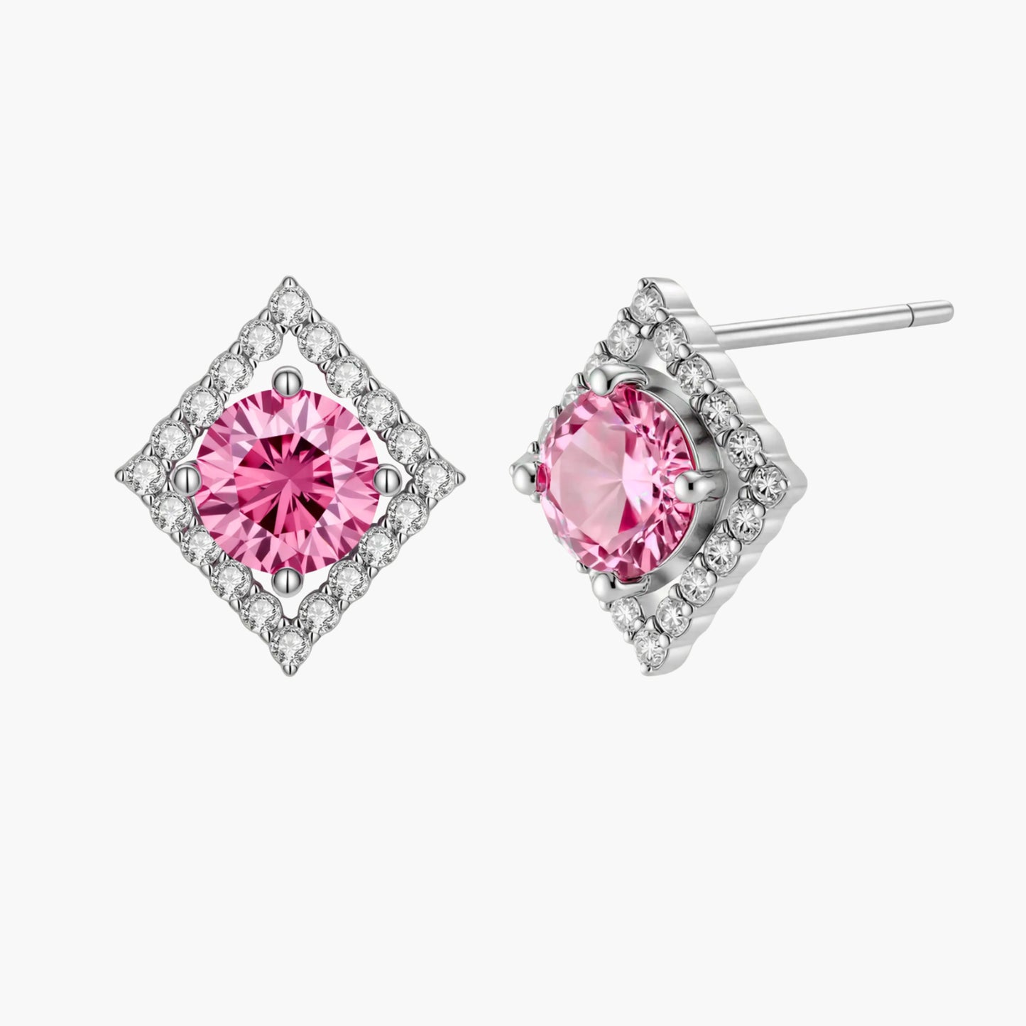 Sterling silver diamond-shaped stud earrings with pink moissanite center stones and crystal halo setting on white background
