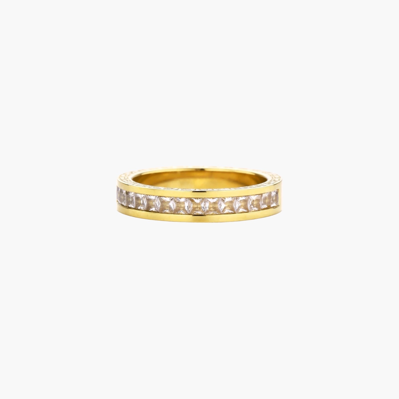 14K gold-plated band with channel-set zirconia and Greek key pattern engraving on polished finish